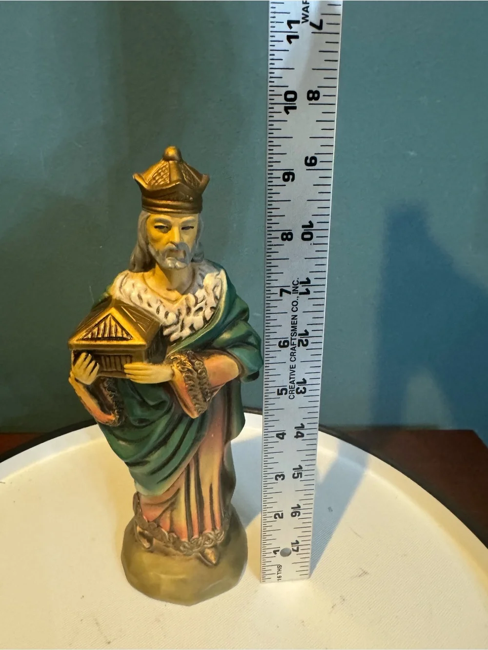 Vintage Decorative 9.5” Nativity King Wise Men Figurine in Green & Gold, Japan